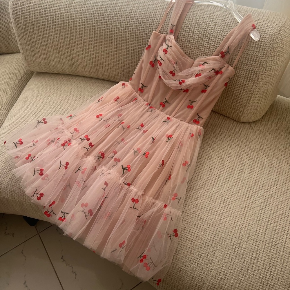 Teuta Matoshi Cherry Tulle Dress – NEW – Handmade Blush Midi Gown - Picture 4 of 5